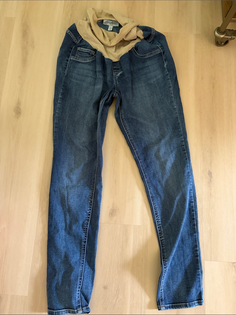Jessica Simpson Dark Blue Skinny Maternity Jeans with Beige Waist Panel